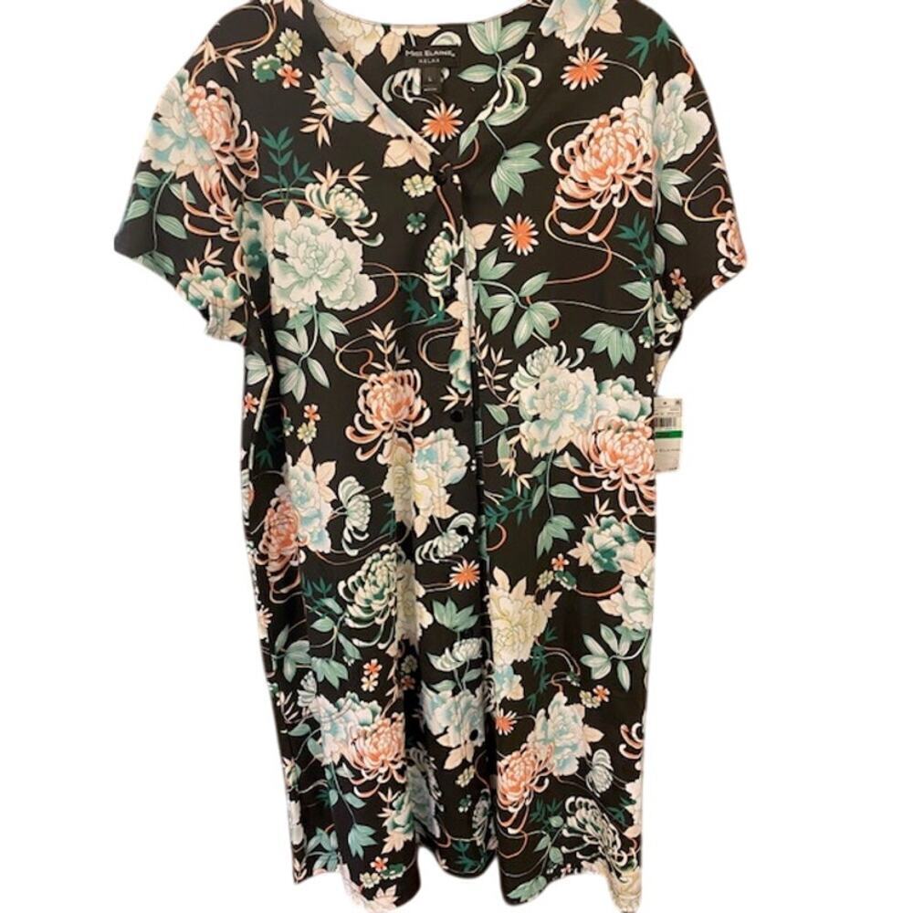 Miss Elaine Interlock Knit Snap Front Robe Plus‎ Sz Large Black Multi Floral